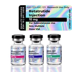 May include: Three clear glass vials with black caps, each containing liquid. Labels feature holographic backgrounds and text: Tirzepatide Injection 10 mg, NAD+ Injection 10 mg, and BPC-157 Injection 10 mg. A matching holographic label is displayed above.