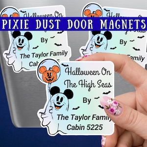 May include: Three square magnets featuring a light blue gradient background with black bats, a white ghost character, and an orange pumpkin balloon. The text reads Halloween On The High Seas By The Taylor Family Cabin 5225 in black lettering.