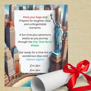 Viaje a Nueva York Revelar Carta sorpresa Regalo de vacaciones Revelar Sorpresa personalizada Invitación de viaje a Nueva York Anuncio personalizado de ideas de regalos a Nueva York