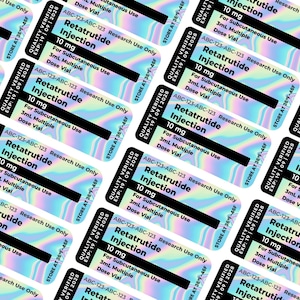 May include: A sheet of rectangular stickers with a holographic finish. Each sticker features black text reading Retatrutide Injection 10 mg, For Subcutaneous Use, 3mL Multiple Dose Vial, ABC-123-ABC-123, Research Use Only, and expiration date 09 | 2028.