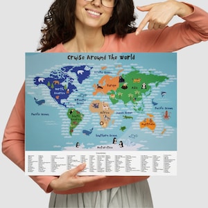 May include: A colorful world map poster with illustrations of animals and oceans. The poster includes the title "Cruise Around The World" and a list of countries.