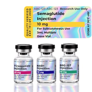 May include: Three clear glass vials with black caps, each containing 10 mg of injection solution labeled Tirzepatide, NAD+, and BPC-157. A holographic label above displays Semaglutide Injection 10 mg, Research Use Only, and expiration date 09 | 2028.