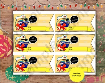 Puede incluir: Seis etiquetas de regalo amarillas con un barco de dibujos animados y las palabras "All Aboard". Cada etiqueta tiene espacios para "De", "Para", "Barco" y "Fecha".