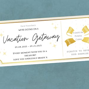 May include: A white and gold ticket with the text "Vacation Getaway" and "09.08.2025 - 09.15.2025". The ticket also has the text "5 Days in Punta Cana" and "Scratch to Reveal Your Surprise".