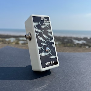 May include: White rectangular audio effects pedal with a black panel featuring a school of fish design. The text "SEA BEAST AUDIO" and "TETRA" are printed on the panel. The pedal has a silver input jack and a silver footswitch.