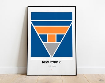 Pode incluir: Uma impressão emoldurada com um design geométrico em tons de azul, laranja e cinza. A impressão apresenta o texto "NEW YORK K. EST. 1946".