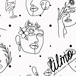 May include: Black and white line art print featuring abstract faces with floral elements and the text "lilino fait &agrave; la main - handmade".