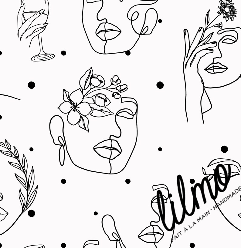 May include: Black and white line art print featuring abstract faces with floral elements and the text "lilino fait &agrave; la main - handmade".