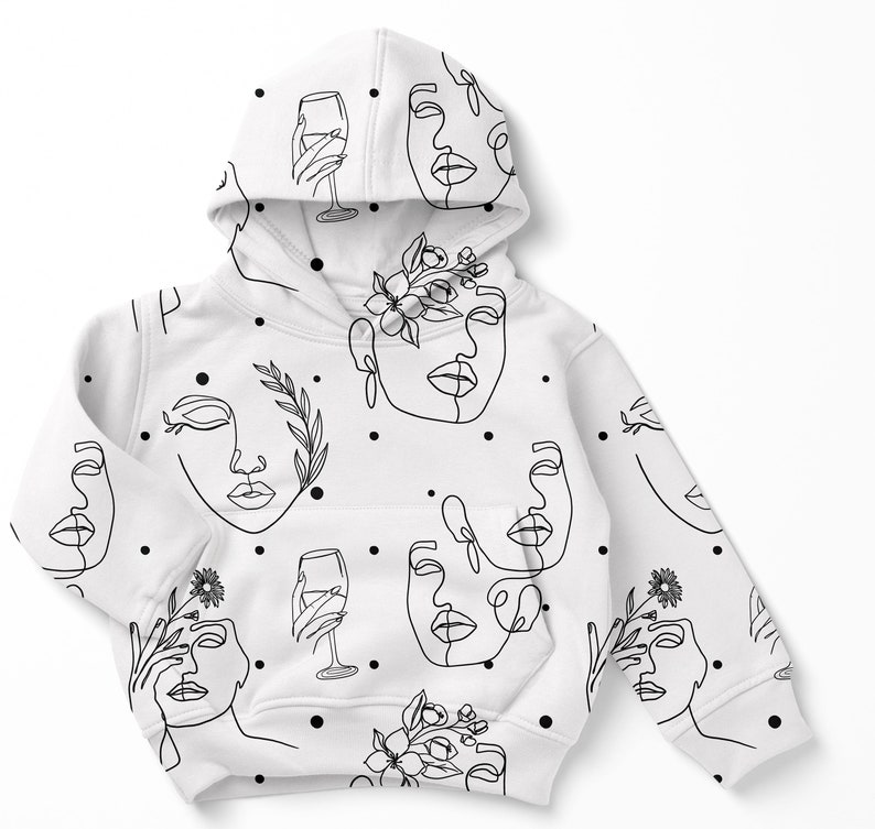 May include: White hoodie featuring a black line drawing pattern of faces, flowers, and wine glasses. The pattern is repeated across the hoodie.