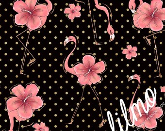 Seamless Polka Dot Flamingo on Black Pattern jpg Digital Paper 12 inches wide by 12 inches tall