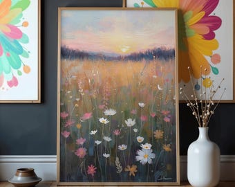 Wildflower Meadow Sunset Matte Poster | Botanical Landscape Wall Art