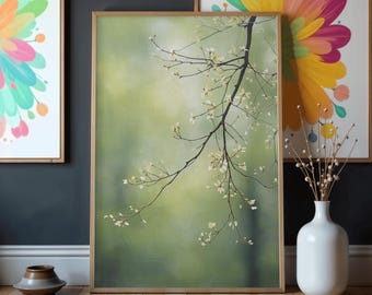 Delicate Botanical Branch Matte Vertical Poster | Green Blurry Background