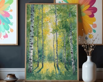 Scandinavian Birch Forest Painting Matte Vertical Poster | Minimal Nature Wall Art