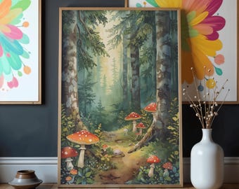 Scandinavian Forest with Mushrooms Matte Vertical Poster | Minimal Botanical Wall Art
