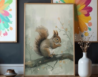 Forest Squirrel Illustration Matte Vertical Poster | Woodland Animal Art