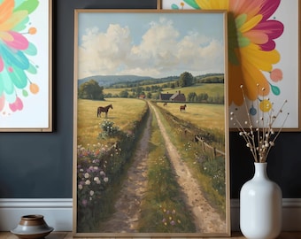 Scandinavian Hedgerows and Horses Matte Vertical Poster | Minimal Farmhouse Wall Art
