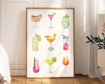 Alcohol Prints, Retro Cocktail Poster, Bar Cart Print, Happy Hour Wall Art, Colorful Gallery Wall Set, Aperol Spritz, Drinks Decor, Trendy