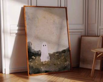 Ghost in Flower Meadow Art Print, Whimsical Halloween Decor, Vintage Spooky Wall Art for Fall, Autumn Wall Decor, Ghost Painting Printable