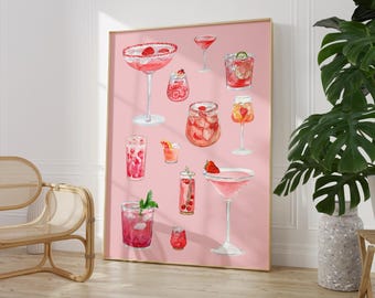 Retro Watercolor Champagne Cocktail Poster,Aesthetic Girly Bar Cart Art,Preppy Pink Posters,Wine Bottle Cute Girly Poster Champagne Wall Art