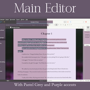 May include: A screenshot of a computer screen showing a writing program with a light grey and purple color scheme. The program is called "The Portal - Scrivener" and is used for writing novels and screenplays. The text on the screen is an example of a scene from a novel. The text reads: "Today was Diane's birthday party, I had gotten a new sketch pad because she had mentioned wanting to get back into creating digital art. I walked up to her door and knocked, smirking to myself because I knew she would love it. Dune opened the door looking flawless in her rose gold sun-dress. "Mina!" She burst into laughter."
