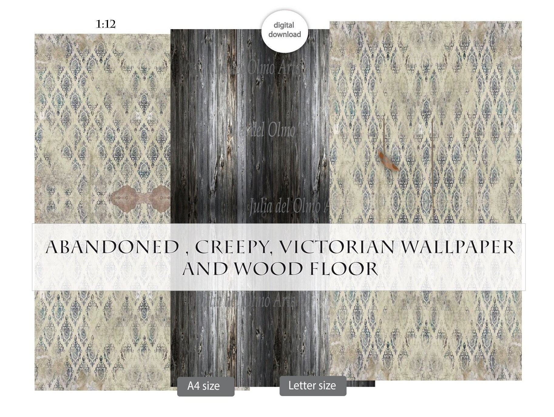 Dollhouse printable wallpaper, Abandoned DollHouse WallpaperI Halloween | Victorian wallpaper 1:12 1 6 scale I Instant Download JPG