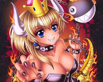 May include: A digital illustration of a female character with blonde hair, wearing a black dress, a crown, and a spiked collar. She has a menacing expression and is holding a chain with a spiked ball attached to it. The background is red and orange with flames and stars.