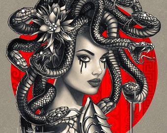 MEDUSA CANVAS Wall Art - Snake Haired Gorgon Monster from Greek Mythology - Fantasy Tattoo Poster Red and Gray Fantasy - Large Artwork Print