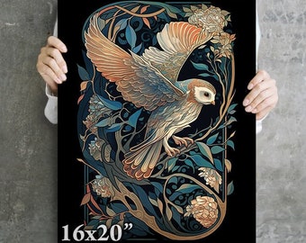 Owl in Flight Art Nouveau British Wildlife Mucha FINE ART PRINT Wall Art - Home Decor in Multiple Sizes