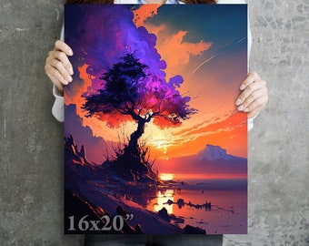 Beautiful Orange Purple Sunset Sky with Tree by the Water - Fine Art Print CANVAS WALL ART - Home Decor in Multiple Sizes…