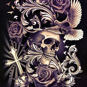 SKULL CANVAS PRINT - Dove Cross and Roses Wall Art - Alternative Home Decor Fine Artwork - Dark Fantasy Horror and Tattoo Inspired Design
