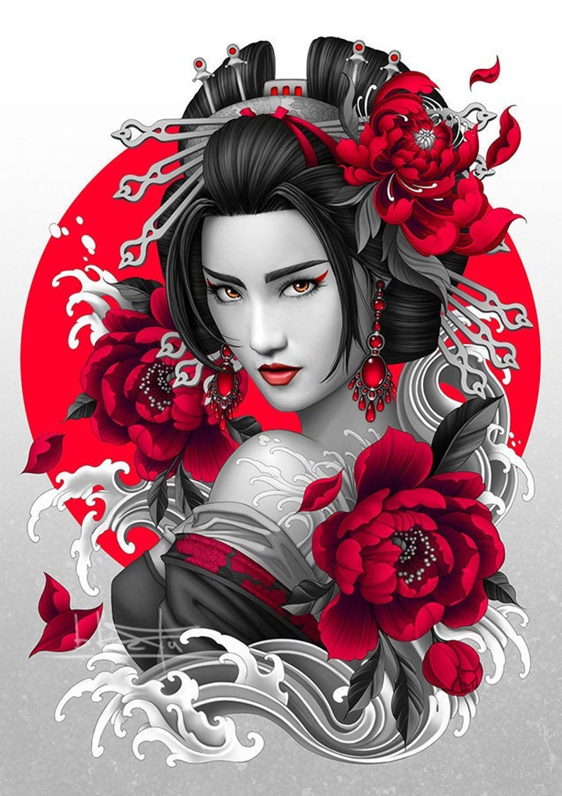 Japanese Geisha Canvas Art - Red and White Wall Art With Asia Girl ...