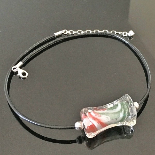 Collier verre de Murano ras de cou cordon cuir noir véritable et argent 925/000