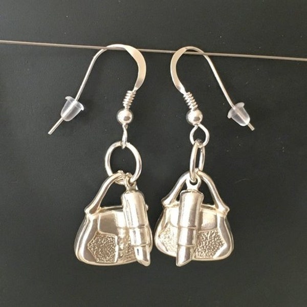 Boucles d'oreilles argent 925/000 pendantes ultra féminine - sac à main - rouge à lèvres