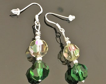 Boucles d'oreilles argent 925/000 pendantes cristal Swarovski vert d'eau vert mousse