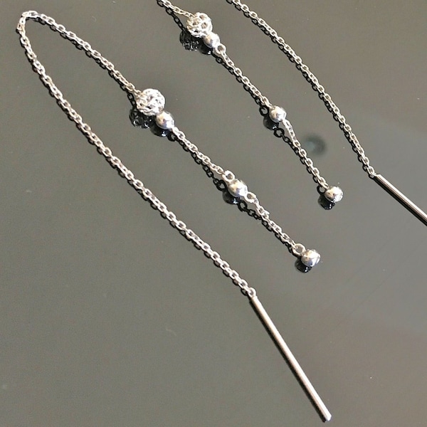 Rhodium silver 925/000 earrings dangling long chains 13 cm
