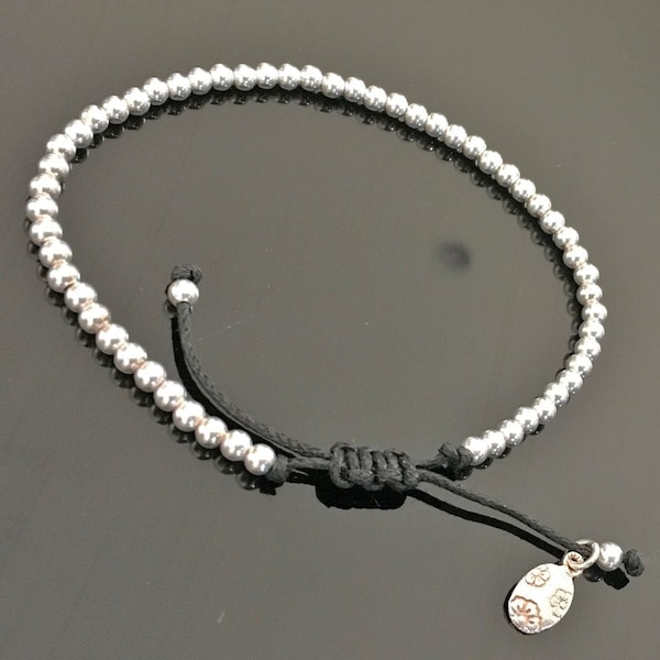 925/000 silver beaded bracelet with adjustable black cord