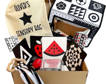 Caja sensorial para bebés (0-6 meses) Set de regalo / Tiempo boca abajo / Tarjetas visuales / Música / Sensorial