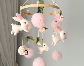 Bunny Baby Mobile, Felt Woodland Nursery Decor, Baby Shower Gift