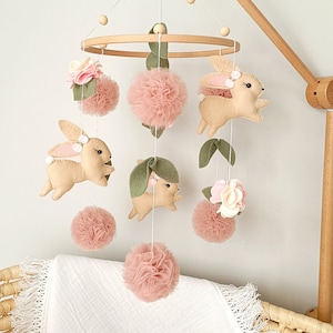 Bunny baby mobile girl, crib decor girl, nursery decor, baby shower gift image 1