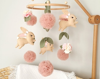 Bunny Baby Mobile Girl, Felt Woodland Crib Decor