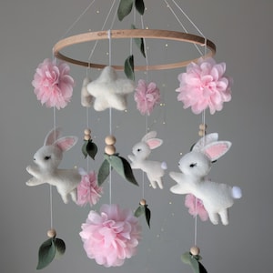 Bunny baby mobile with pink flowers, Handmade felt crib mobile, Baby girl nursery decor, Baby shower gift, Woodland girl mobile