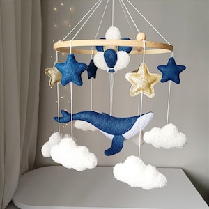 Whale baby mobile, ocean crib mobile with boucle clouds & stars, baby shower gift for boy or girl