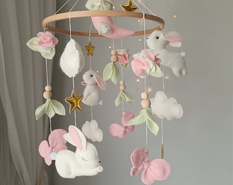 Woodland Baby Mobile, Bunnies, Butterflies, Flowers, Gold Stars