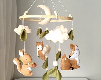 Woodland mobile, Forest crib mobile, Mobile baby boy girl, Owl, Deer, Squirrel, Felt nursery mobile, Moon mobile