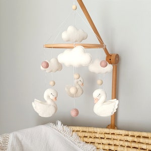 Swan Baby Mobile, Felt Nursery Decor, Baby Girl Crib Mobile