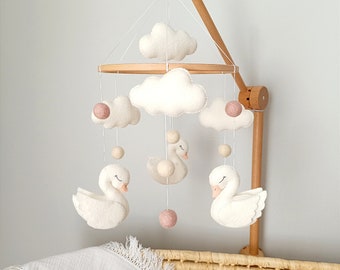 Swan baby mobile for nursery, baby girl mobile, crib mobile for girl