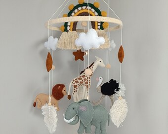 Safari baby mobile with rainbow | neutral animals Africa nursery felt Africa giraffe, lion, zebra, elephant monstera leaves and stars