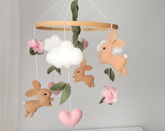 Bunny Baby Mobile, Boucle Cloud, Felt Nursery Decor