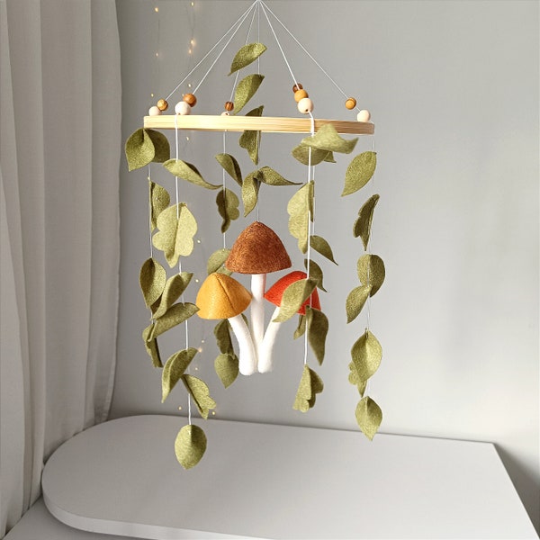 Forest baby mobile with mushrooms, nursery crib mobile, woodland baby mobile, olive baby mobile, baby shower gift