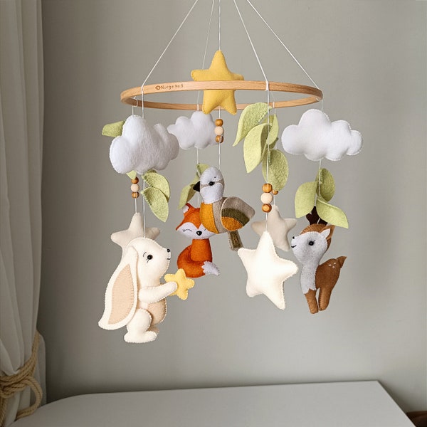 Forest crib mobile baby, Woodland nursery mobile, bird, bunny, fawn, fox mobile, baby shower gift, new mom gift, crib decor, nursery decor